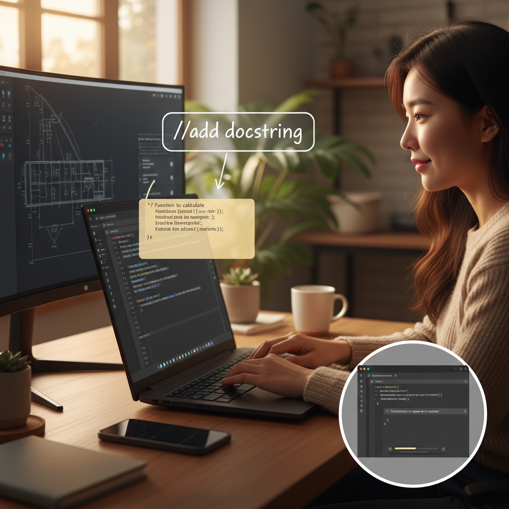 VS Code에서 AI가 파이썬 Docstring을 자동으로 생성하는 과정을 보여주는 화면과 JetBrains IDE에서의 AI 주석 생성 예시