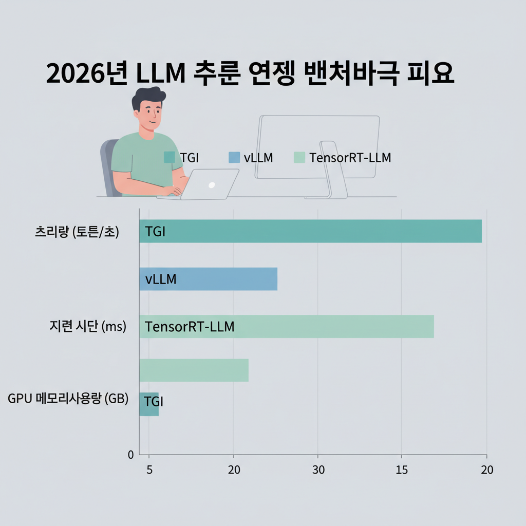 2026년 LLM 추론 엔진(TGI, vLLM, TensorRT-LLM)의 처리량, 지연 시간, GPU 메모리 사용량을 비교하는 막대 그래프 인포그래픽