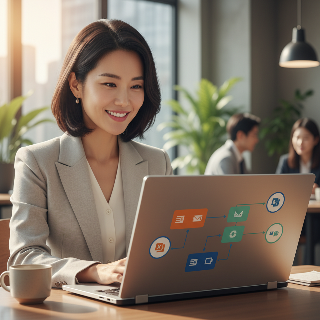 Microsoft Power Automate 워크플로우를 보며 미소 짓는 한국인 비즈니스우먼의 모습