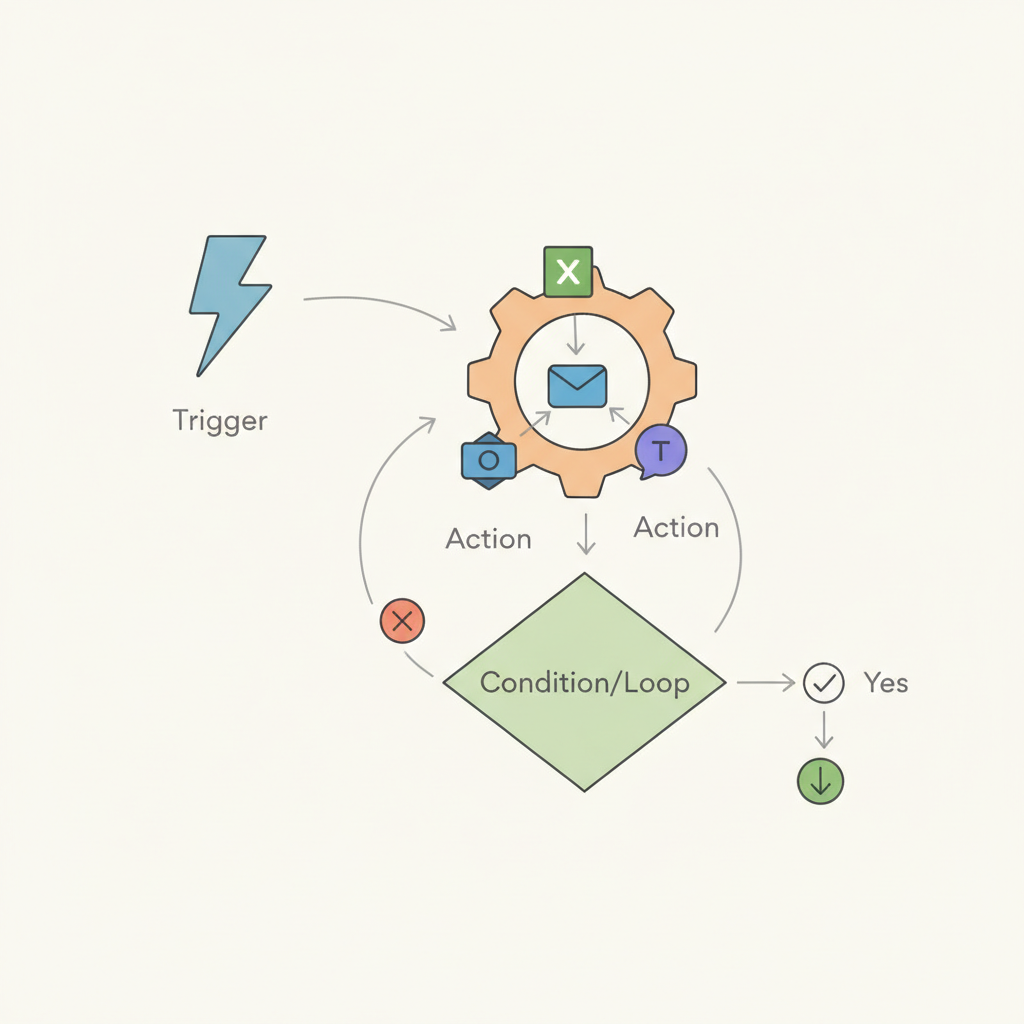 Power Automate 3단계 워크플로우(트리거, 작업, 조건)를 나타내는 다이어그램: 엑셀, 아웃룩, 팀즈 아이콘 포함