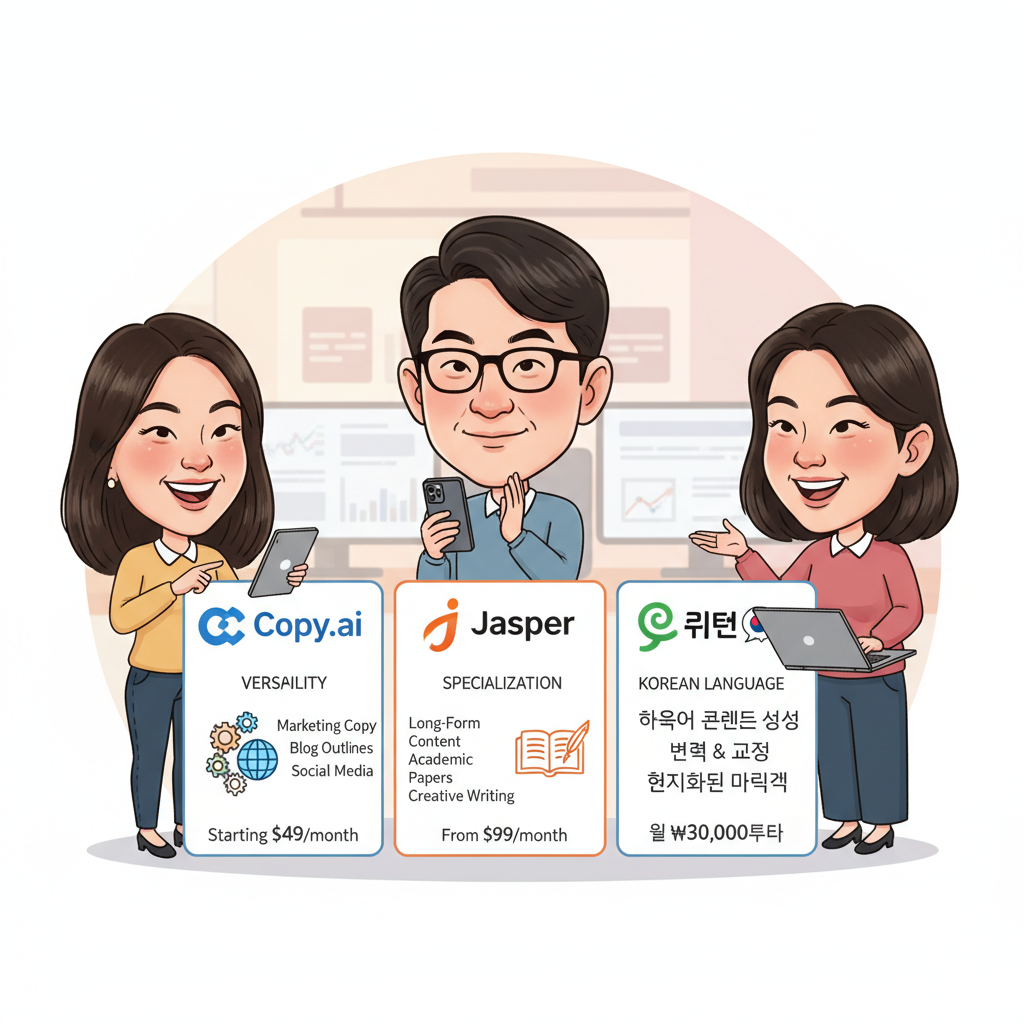 Copy.ai, Jasper, 뤼튼 AI 카피 툴의 주요 특징과 가격을 보여주는 비교 일러스트