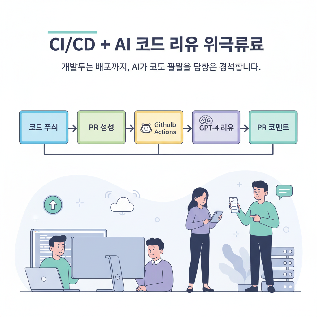코드 푸시, PR 생성, GitHub Actions, GPT-4 리뷰, PR 코멘트로 이어지는 CI/CD 파이프라인과 AI 코드 리뷰 통합 워크플로우를 보여주는 다이어그램