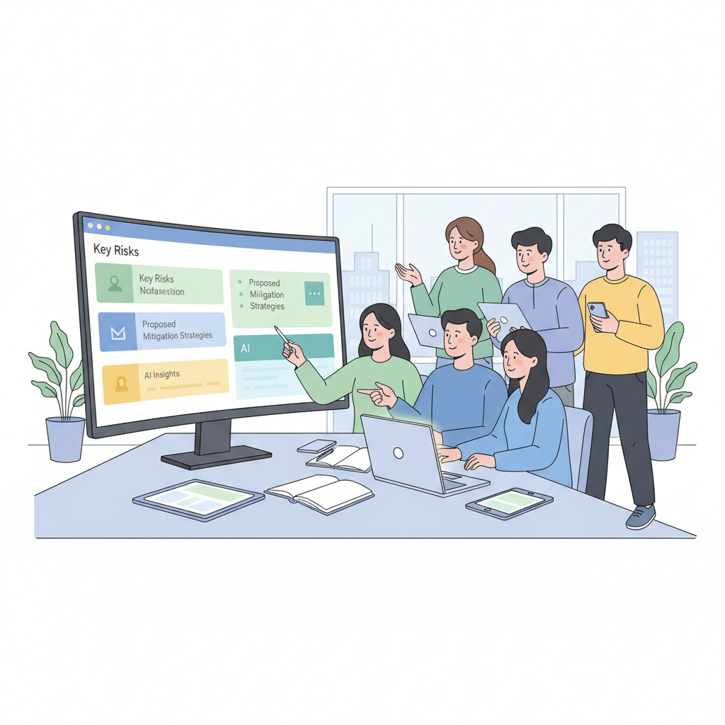 AI 기반 프로젝트 관리 대시보드를 활용하여 위험을 논의하는 한국인 팀원들