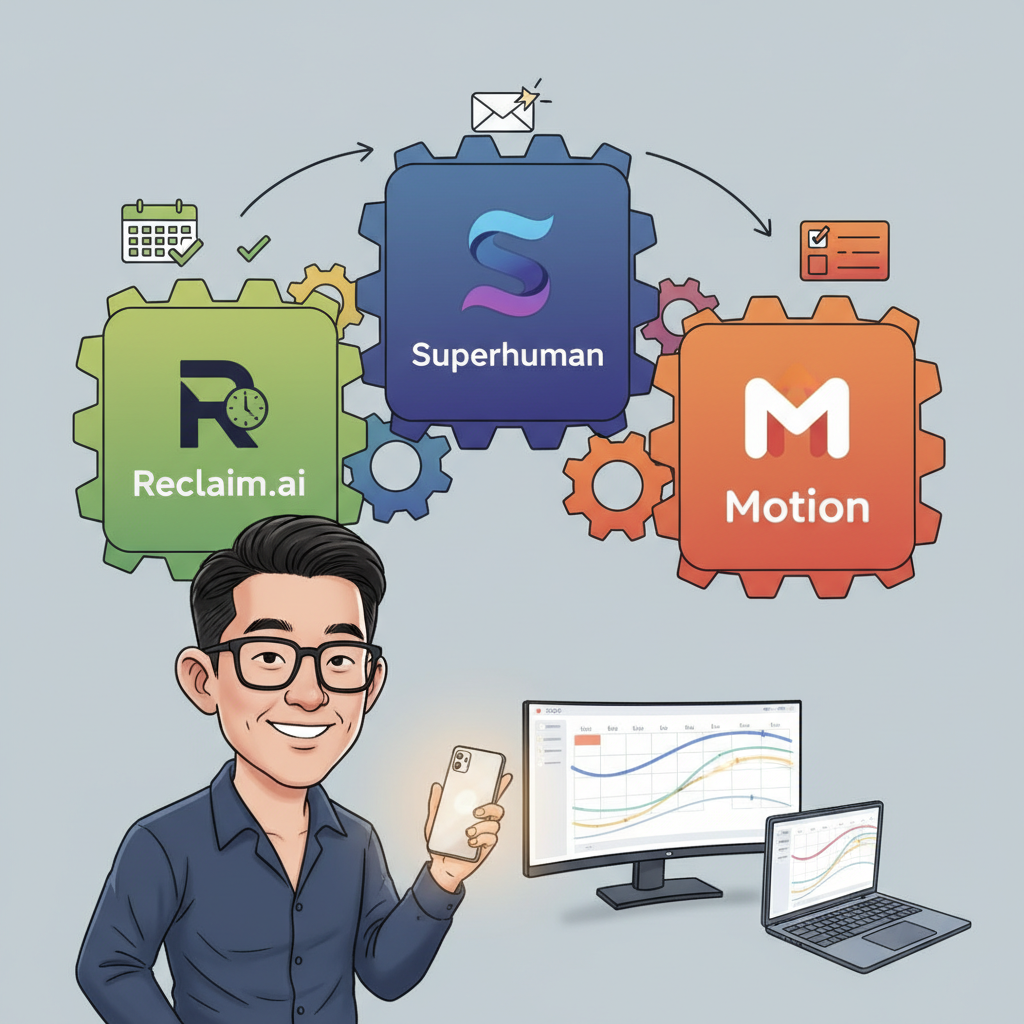 Superhuman, Reclaim.ai, Motion 세 가지 AI 이메일/캘린더 관리 툴의 핵심 기능을 시각적으로 비교하는 카드 형태 일러스트