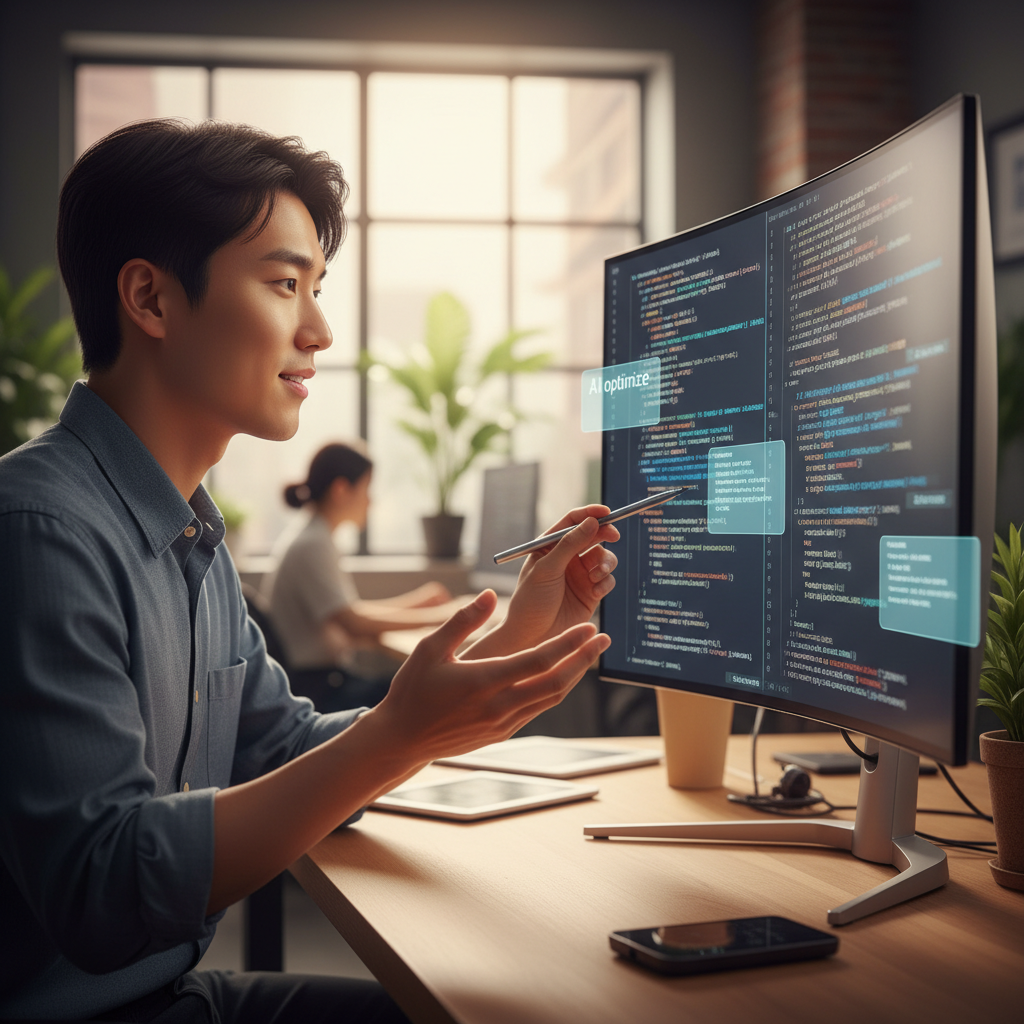 AI 기반으로 Python/Java 레거시 코드를 현대화하는 한국인 개발자가 모니터를 보며 작업하는 모습