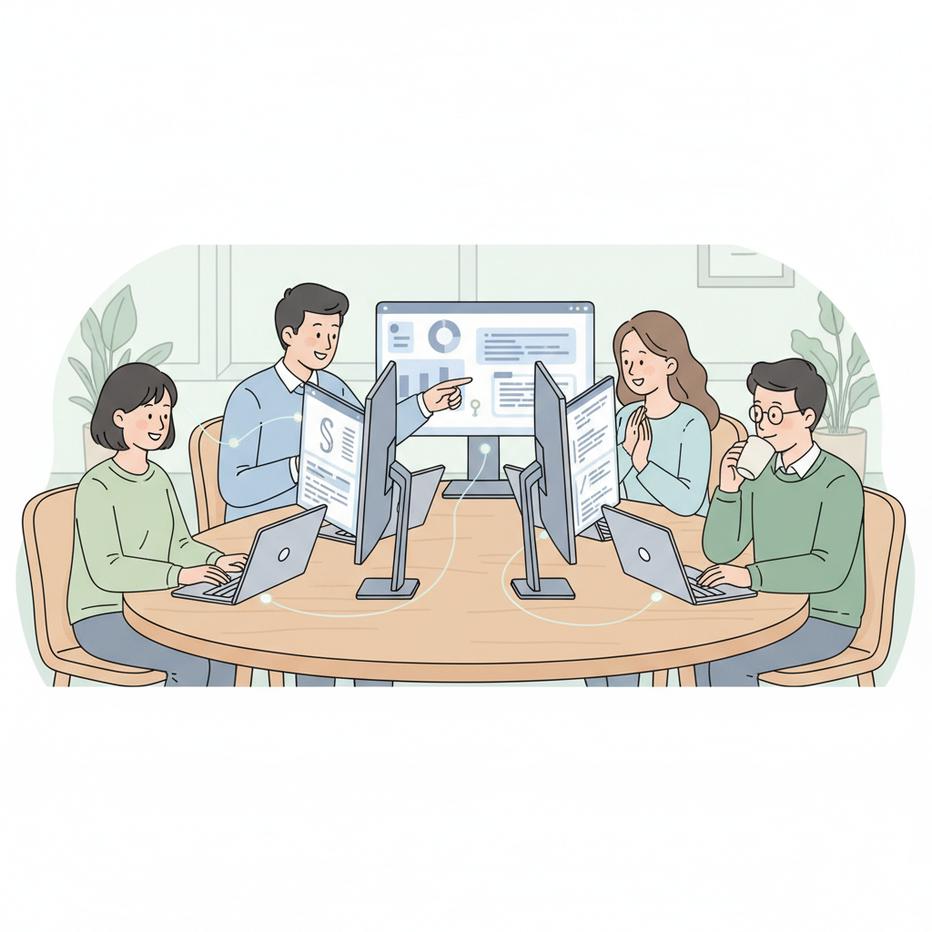 AI 도구를 활용하여 협업하며 생산성을 높이는 한국인 직원들의 모습
