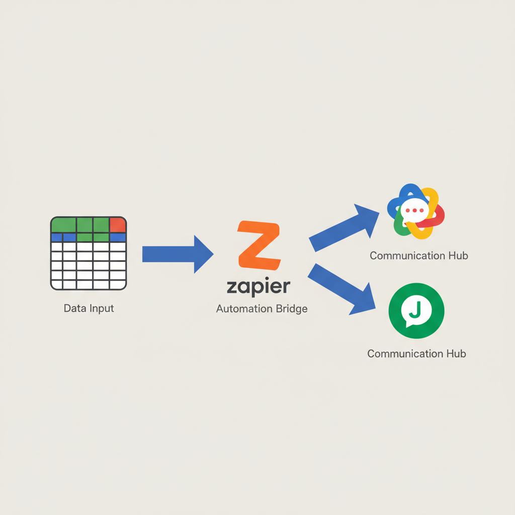 구글 시트, Zapier, 슬랙/잔디 아이콘이 화살표로 연결된 워크플로우 다이어그램. 데이터 입력부터 자동화, 커뮤니케이션까지의 흐름을 시각화
