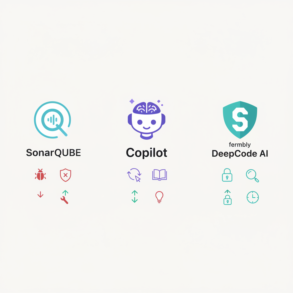 SonarQube, GitHub Copilot, Snyk Code(DeepCode AI) 세 가지 AI 코드 품질 도구 비교 일러스트