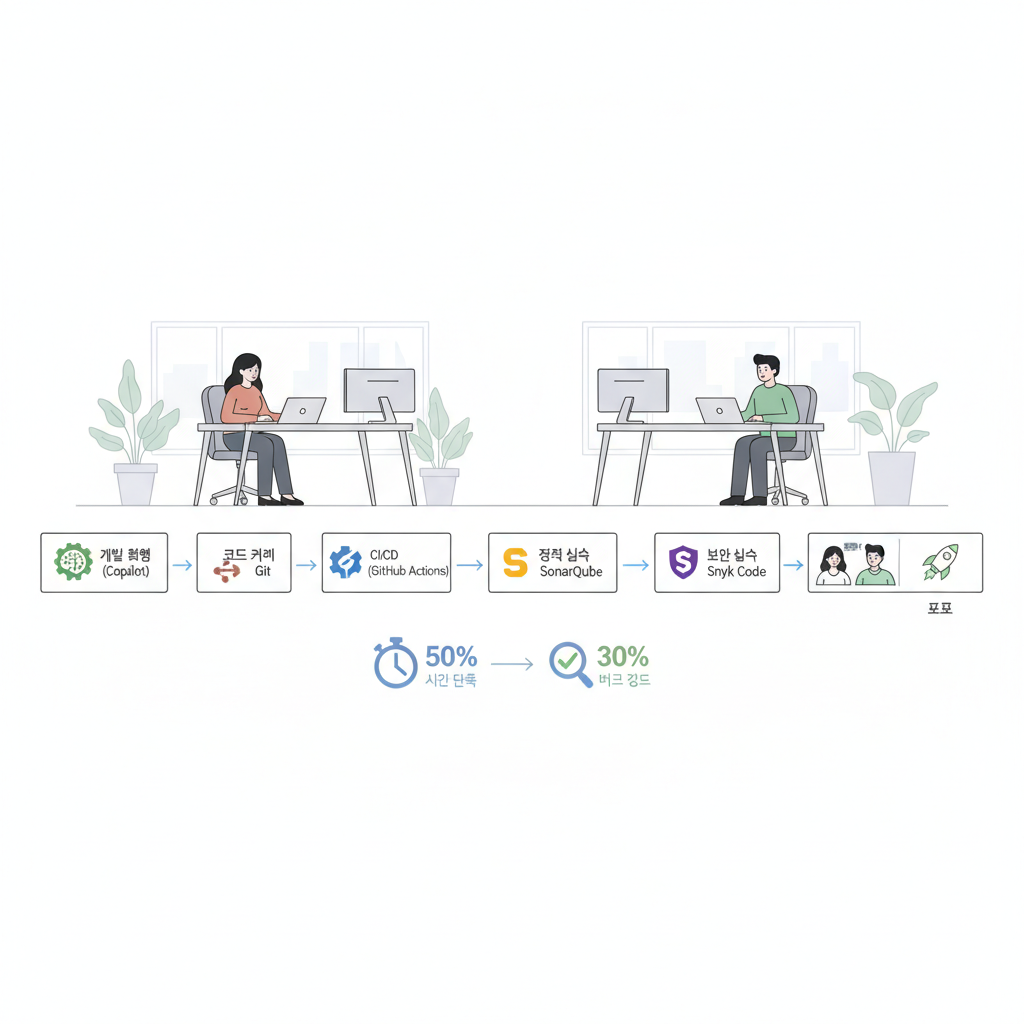 SonarQube, GitHub Copilot, Snyk Code를 연동한 CI/CD 파이프라인 아키텍처 다이어그램
