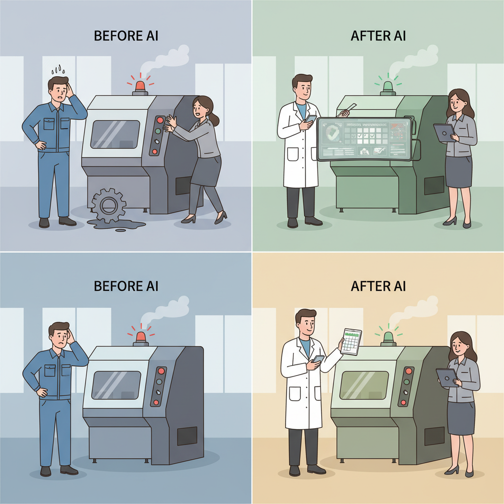AI 도입 전후 공장 설비 고장 및 생산 효율 비교 인포그래픽