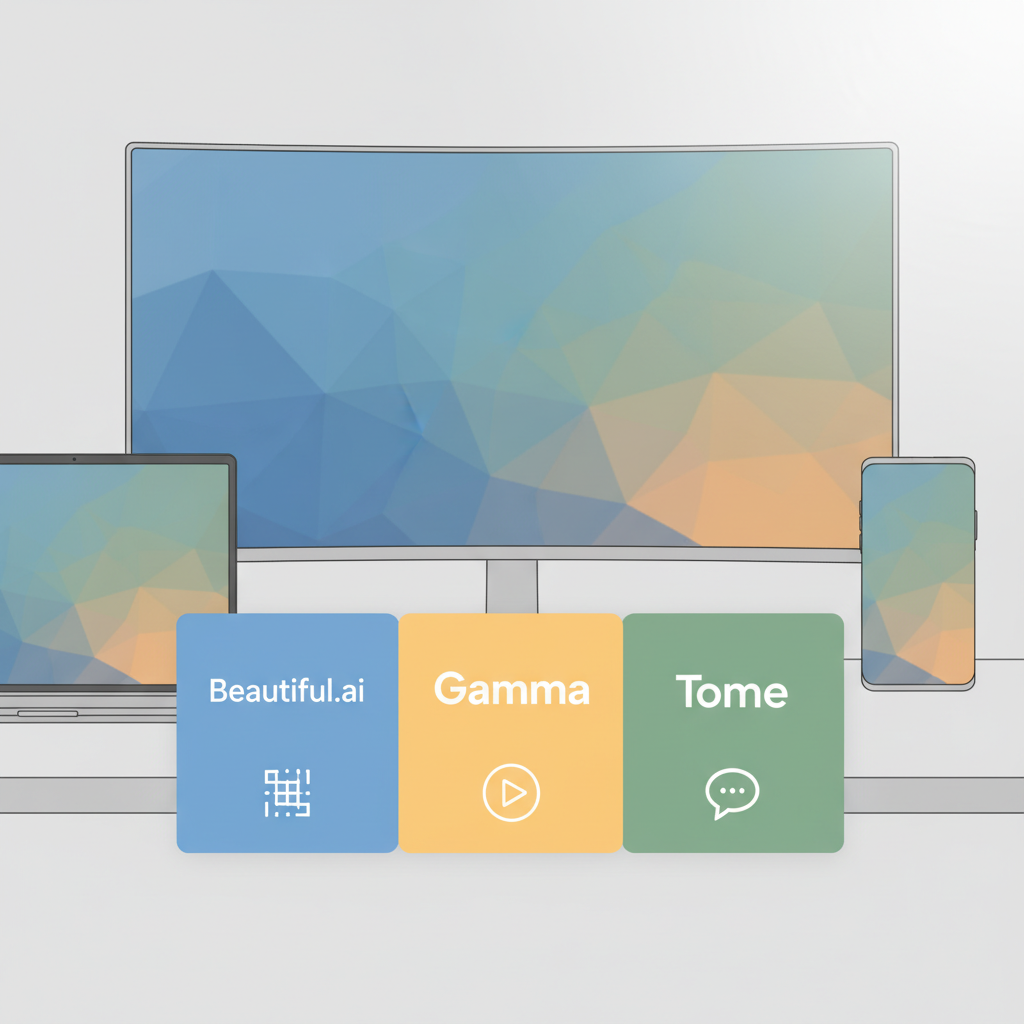 Beautiful.ai, Gamma, Tome 세 가지 AI 발표 자료 툴의 로고와 핵심 기능을 카드 형태로 비교한 스타일화된 이미지