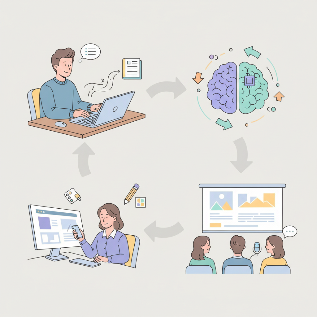 AI 발표 자료 제작의 4단계 워크플로우를 보여주는 다이어그램: 입력, AI 생성, 사용자 편집, 최종 발표