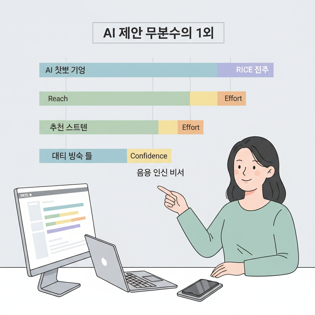 AI 기반 기능 우선순위 설정을 RICE 프레임워크 점수로 시각화한 막대 그래프 인포그래픽. 각 기능 후보의 Reach, Impact, Confidence, Effort를 보여주며 우선순위를 제시한다.