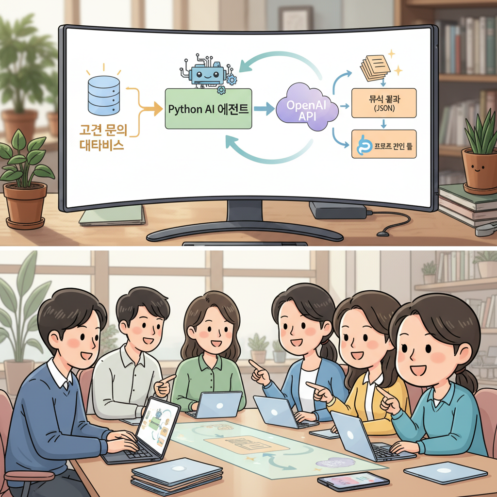 사용자 이탈률 감소를 위한 AI 에이전트 바이브코딩 아키텍처 다이어그램. 고객 문의 데이터가 Python 에이전트와 OpenAI API를 통해 분석되어 프로젝트 관리 툴로 연동되는 흐름.