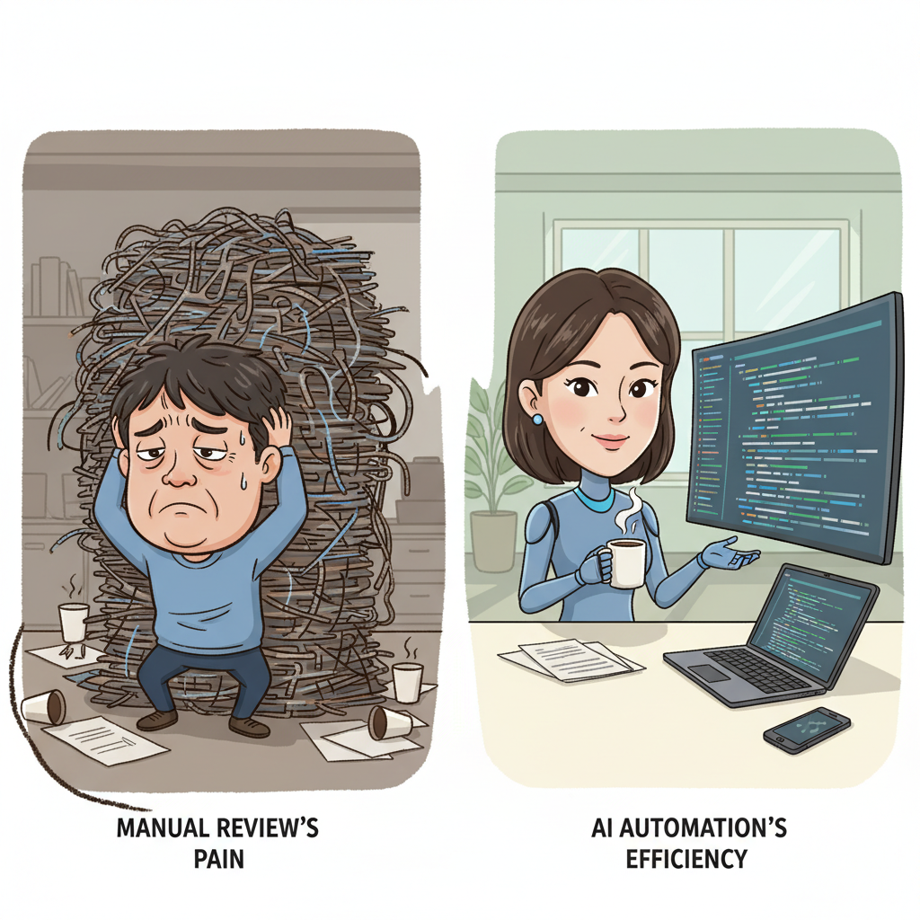 수동 코드 리뷰의 비효율성과 AI 자동화의 효율성을 대비하는 일러스트