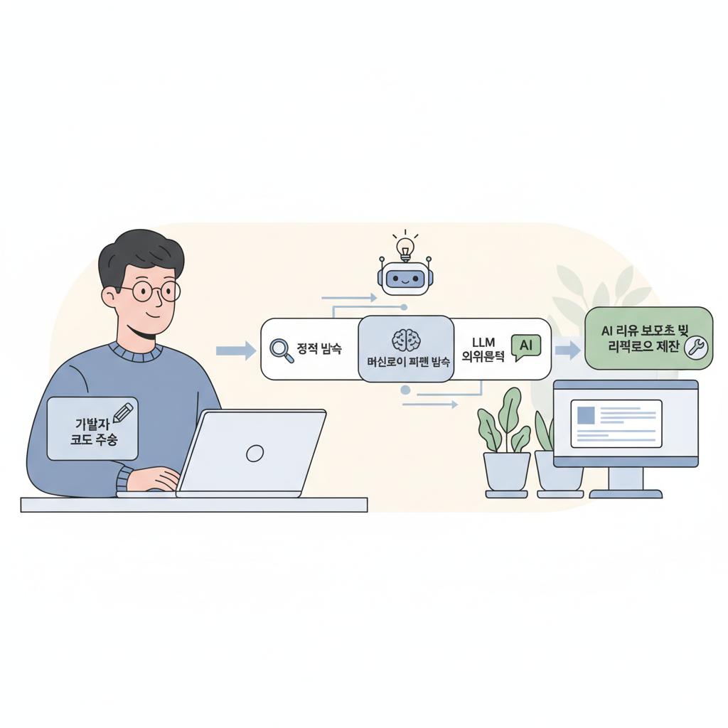 AI 코드 리뷰의 정적 분석, 머신러닝, LLM 기반 작동 원리 다이어그램