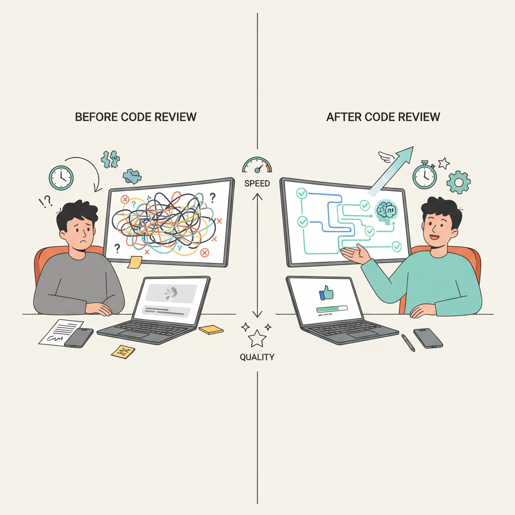 수동 코드 리뷰의 비효율성(Before)과 AI 자동화 코드 리뷰의 효율성(After)을 비교하는 인포그래픽