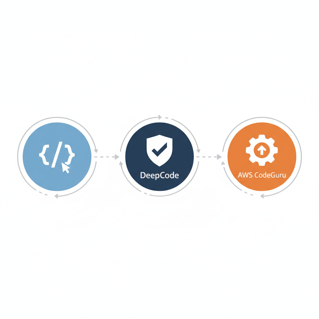 GitHub Copilot, DeepCode(Snyk Code), AWS CodeGuru 등 주요 AI 코드 리뷰 도구의 로고와 특징을 시각적으로 비교한 일러스트