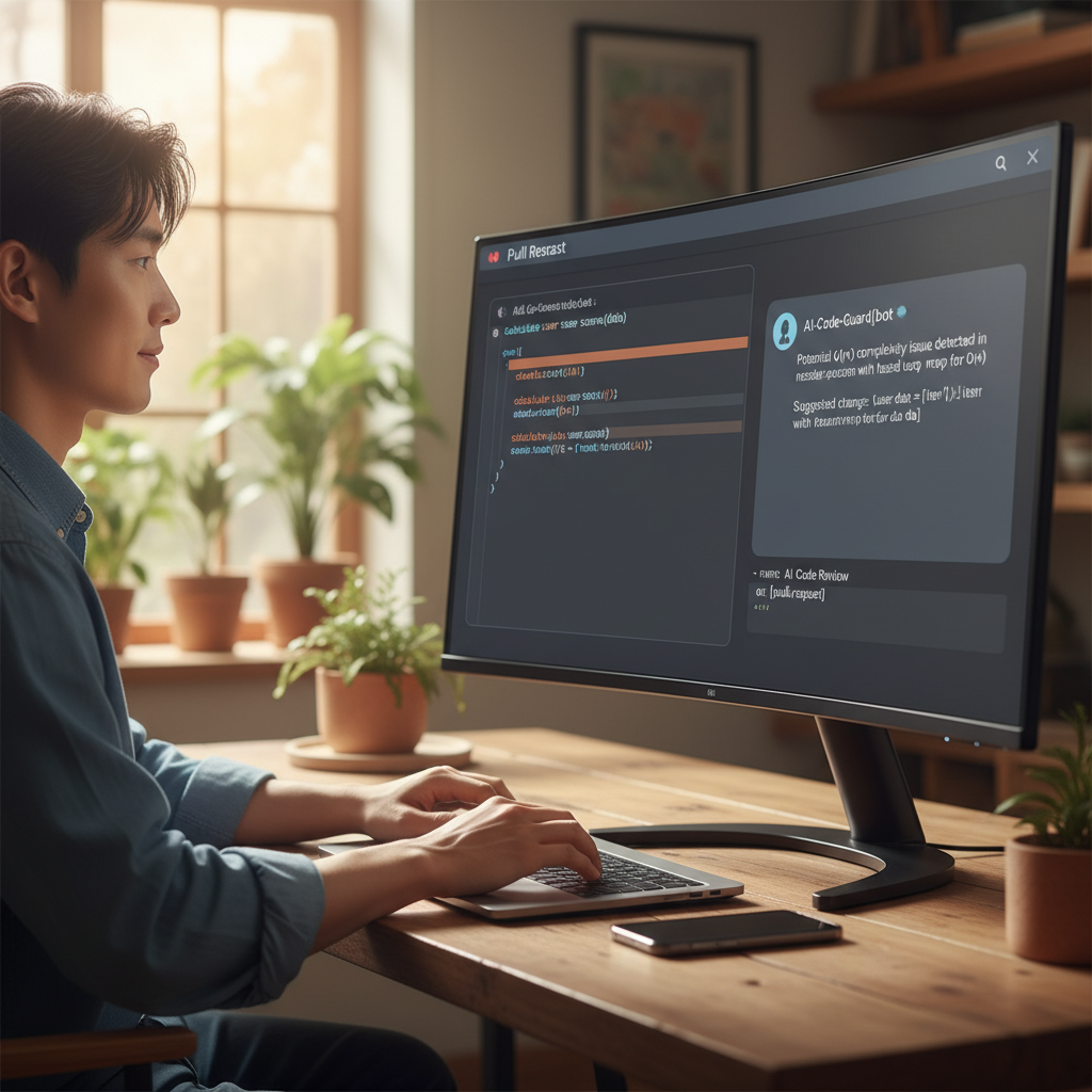 GitHub Pull Request 화면에서 AI 리뷰 봇이 코드에 대한 상세한 피드백을 제공하는 모습과 관련 GitHub Actions 워크플로우