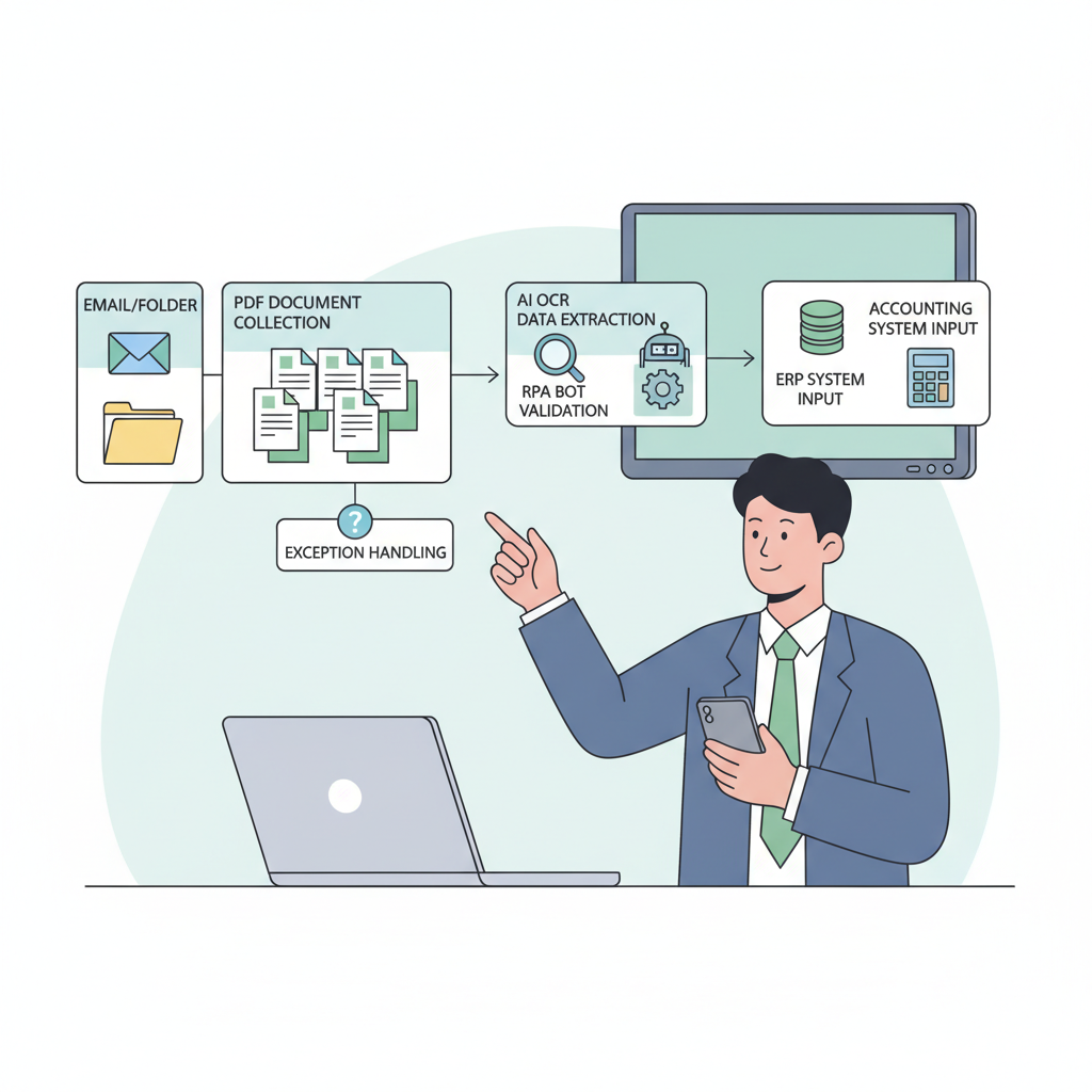 RPA 봇과 AI OCR이 계약서 및 세금계산서 데이터를 자동 처리하는 워크플로우 다이어그램