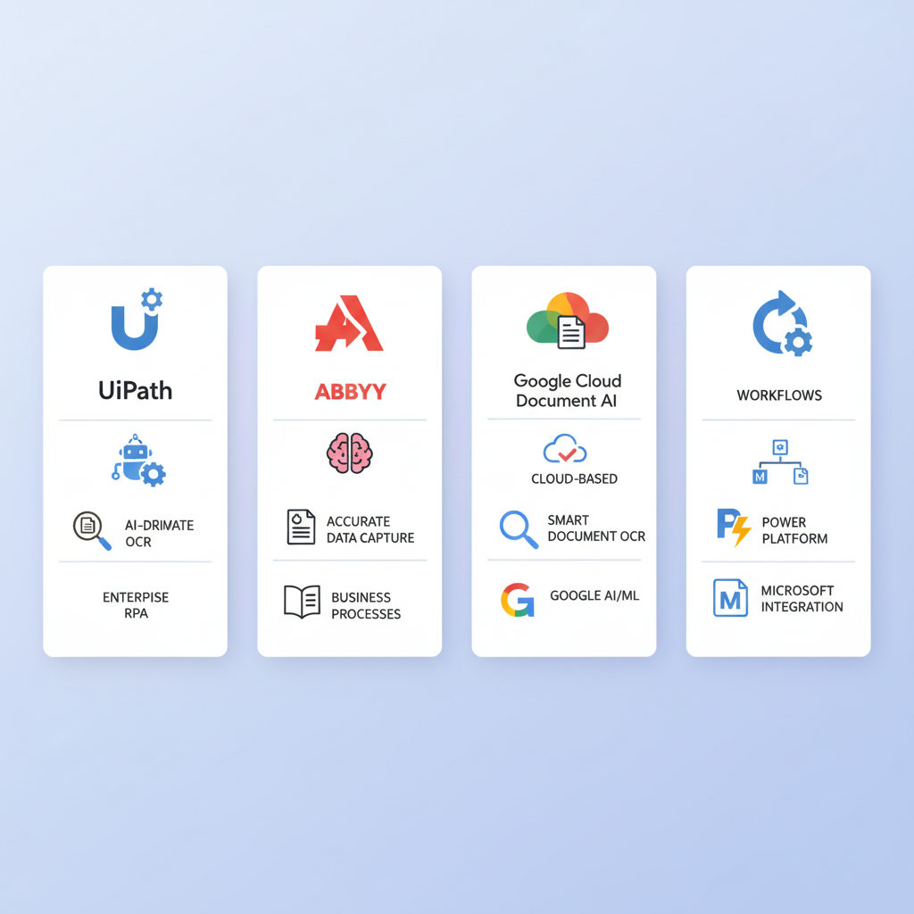 주요 AI OCR 및 RPA 통합 솔루션 4가지(UiPath, ABBYY, Google Document AI, Microsoft Power Automate) 비교 카드
