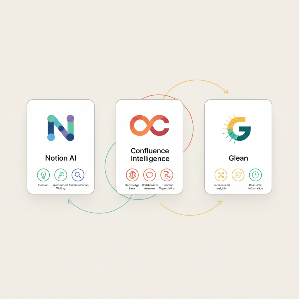 Notion AI, Confluence Intelligence, Glean의 로고와 핵심 기능을 시각적으로 비교하는 일러스트