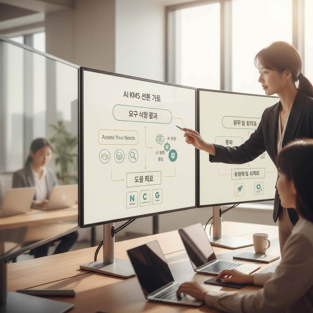 AI KMS 선택 과정을 단계별로 안내하는 의사결정 플로우차트 인포그래픽