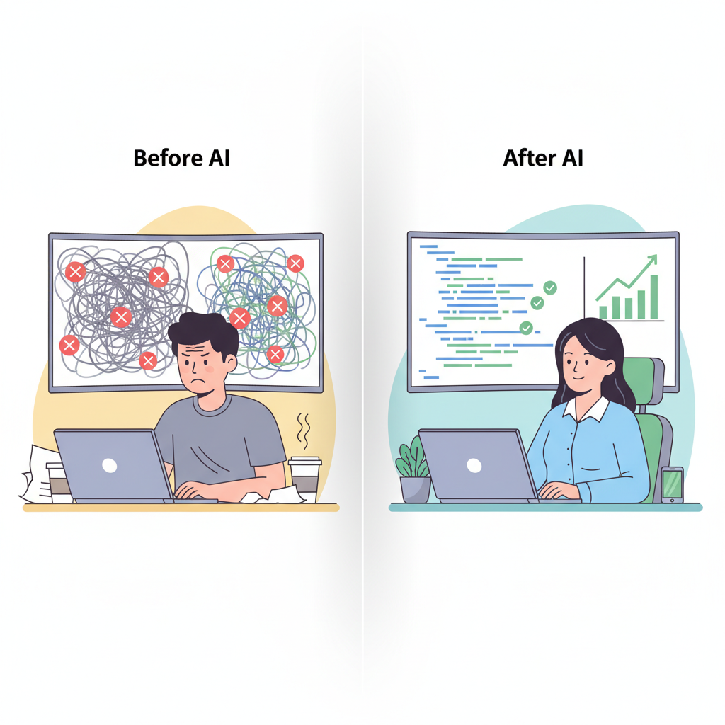 AI 코드 보안 도입 전후의 개발 생산성과 보안 버그 감소 효과 비교 이미지
