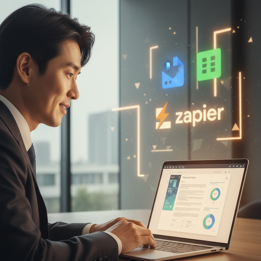 구글 시트, Zapier, 구글 문서 연동으로 자동 생성된 깔끔한 문서를 보며 만족하는 한국인 사업가