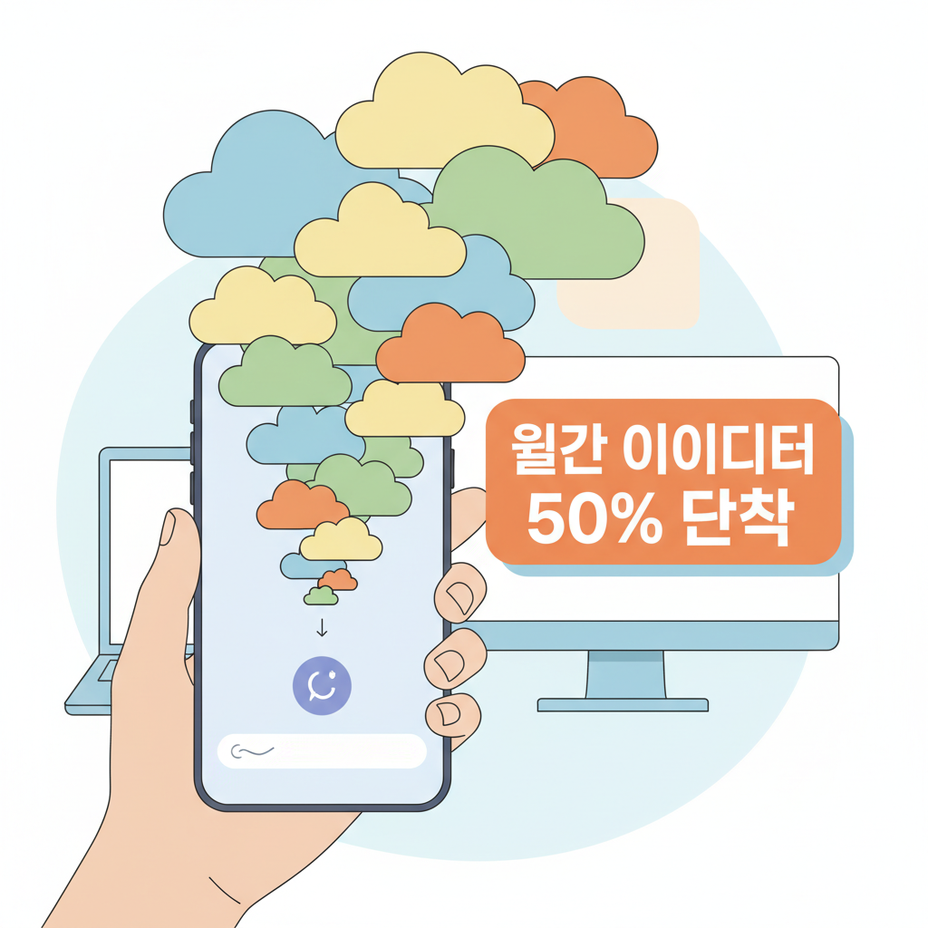 ChatGPT 앱 화면에 콘텐츠 아이디어 프롬프트를 입력하는 손과 그 위로 떠오르는 다양한 아이디어 구름