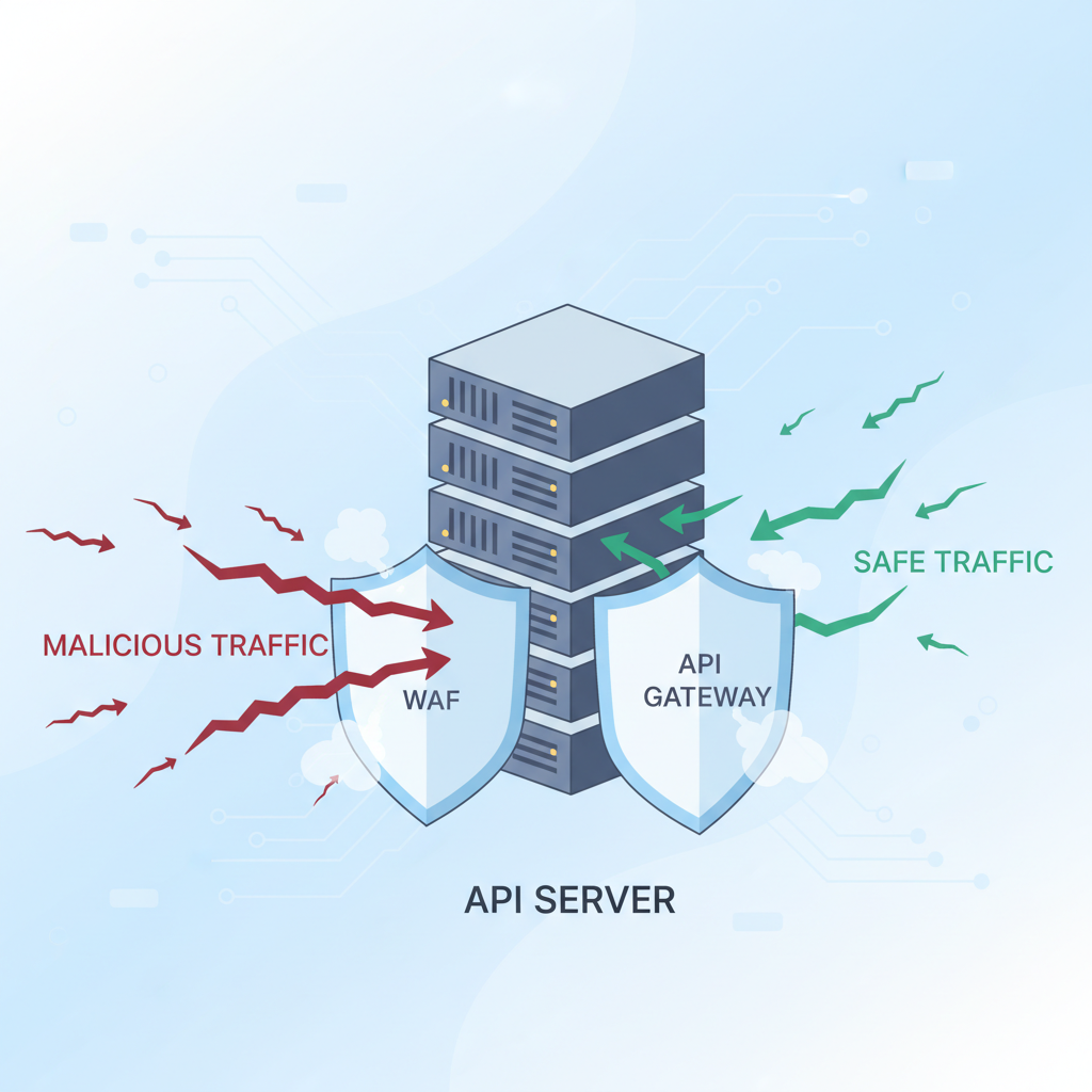API 게이트웨이와 WAF가 백엔드 API 서버를 외부 공격으로부터 보호하는 일러스트