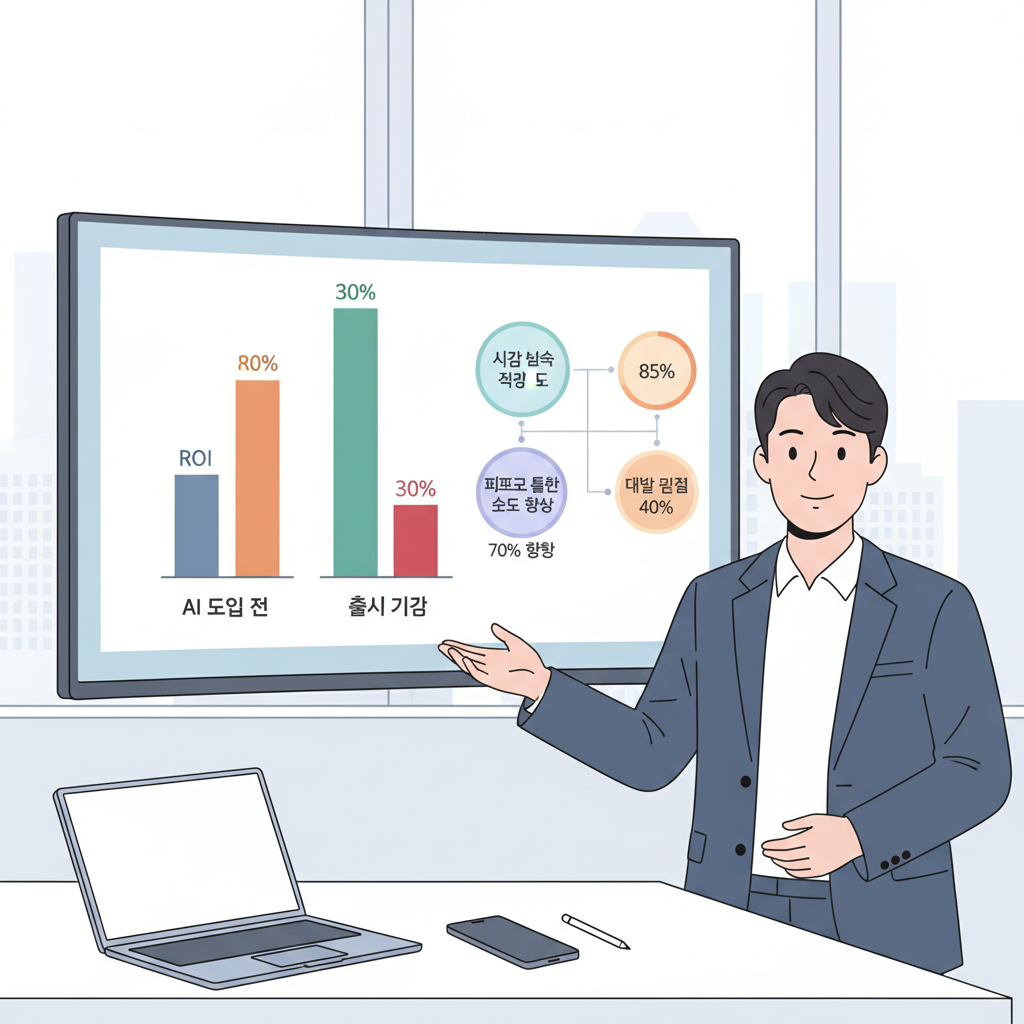 AI 로드맵 툴 도입으로 ROI 2배 향상 및 출시 기간 30% 단축을 시각화한 인포그래픽 그래프