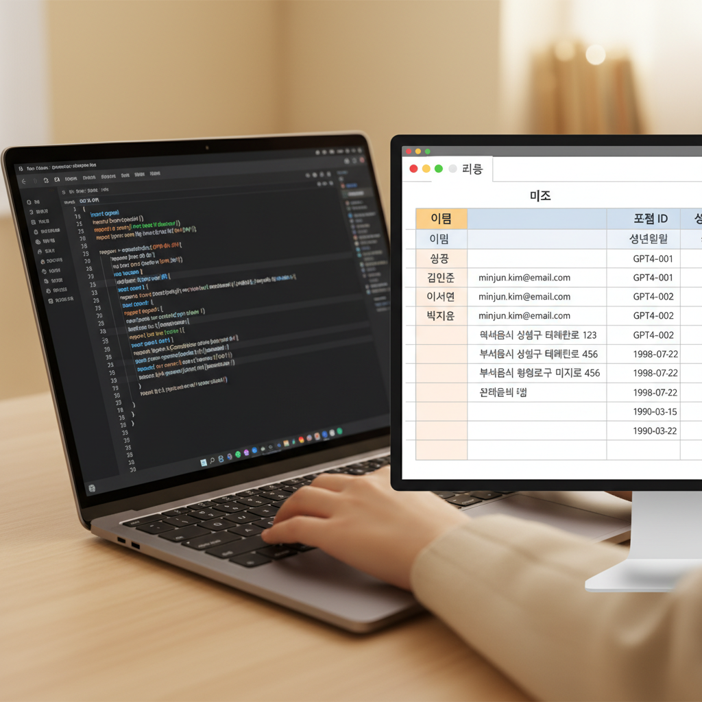 파이썬 코드 에디터와 GPT-4 및 Faker로 생성된 실제 테스트 데이터 예시 화면