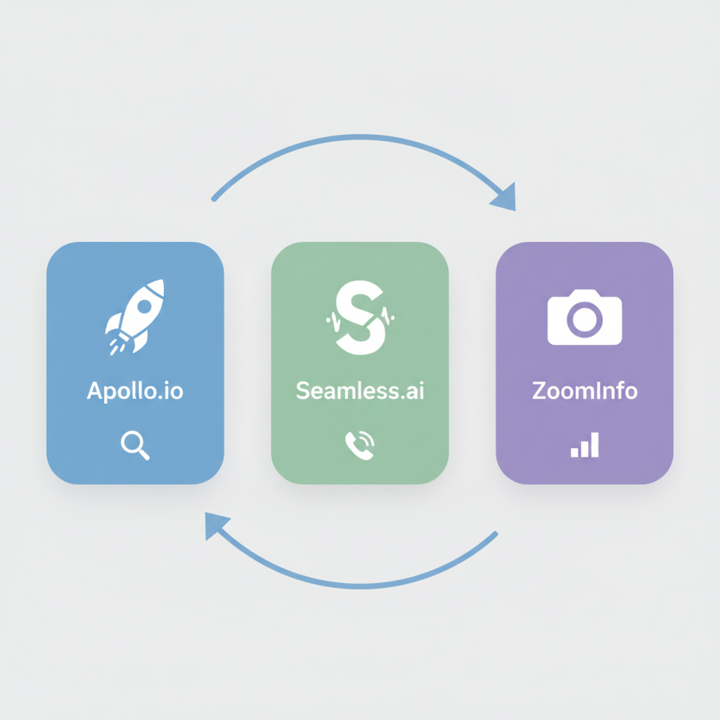 Apollo.io, Seamless.ai, ZoomInfo AI 리드 툴 3대장을 비교하는 시각화된 카드 일러스트