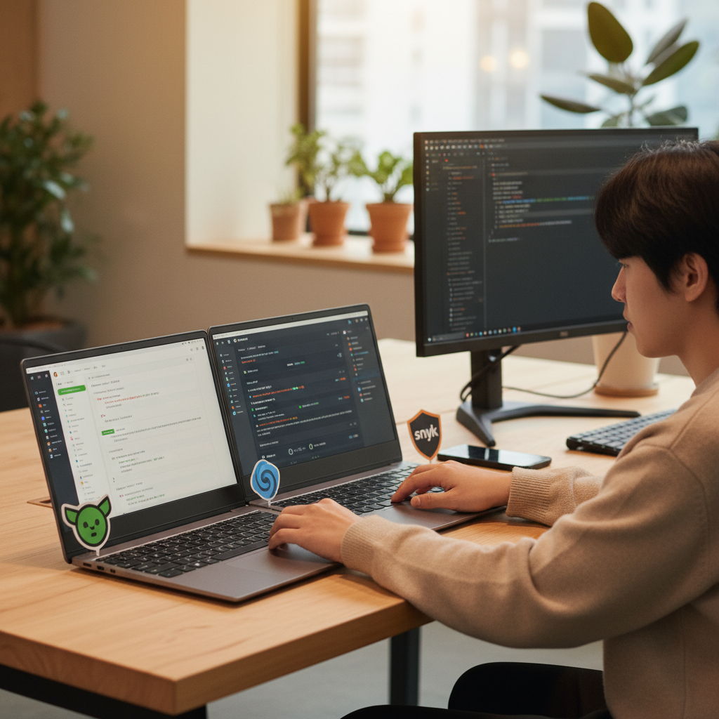GitHub Copilot, SonarQube, Snyk Code 등 AI 시큐어 코딩 도구를 사용하는 한국인 개발자의 모습