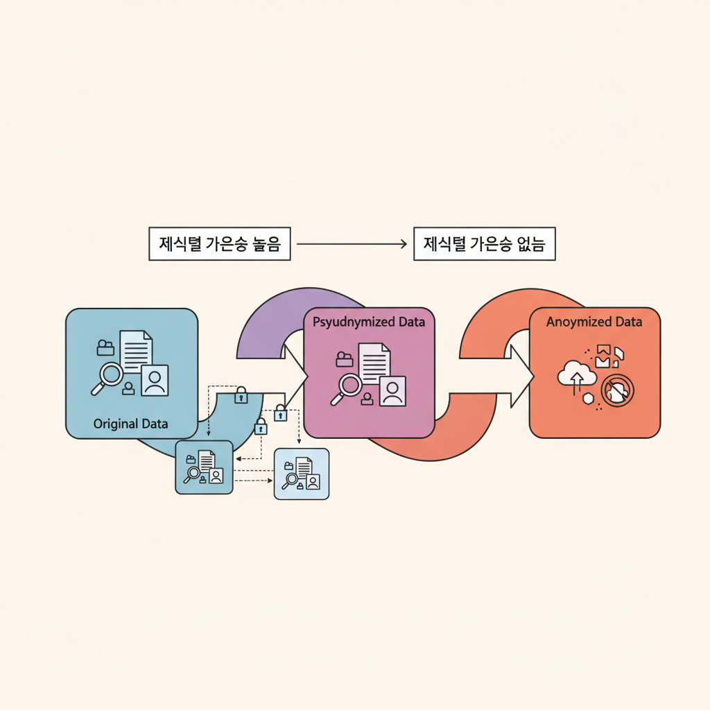 개인정보 비식별화 및 익명화 과정을 보여주는 데이터 변환 스펙트럼 SVG 인포그래픽