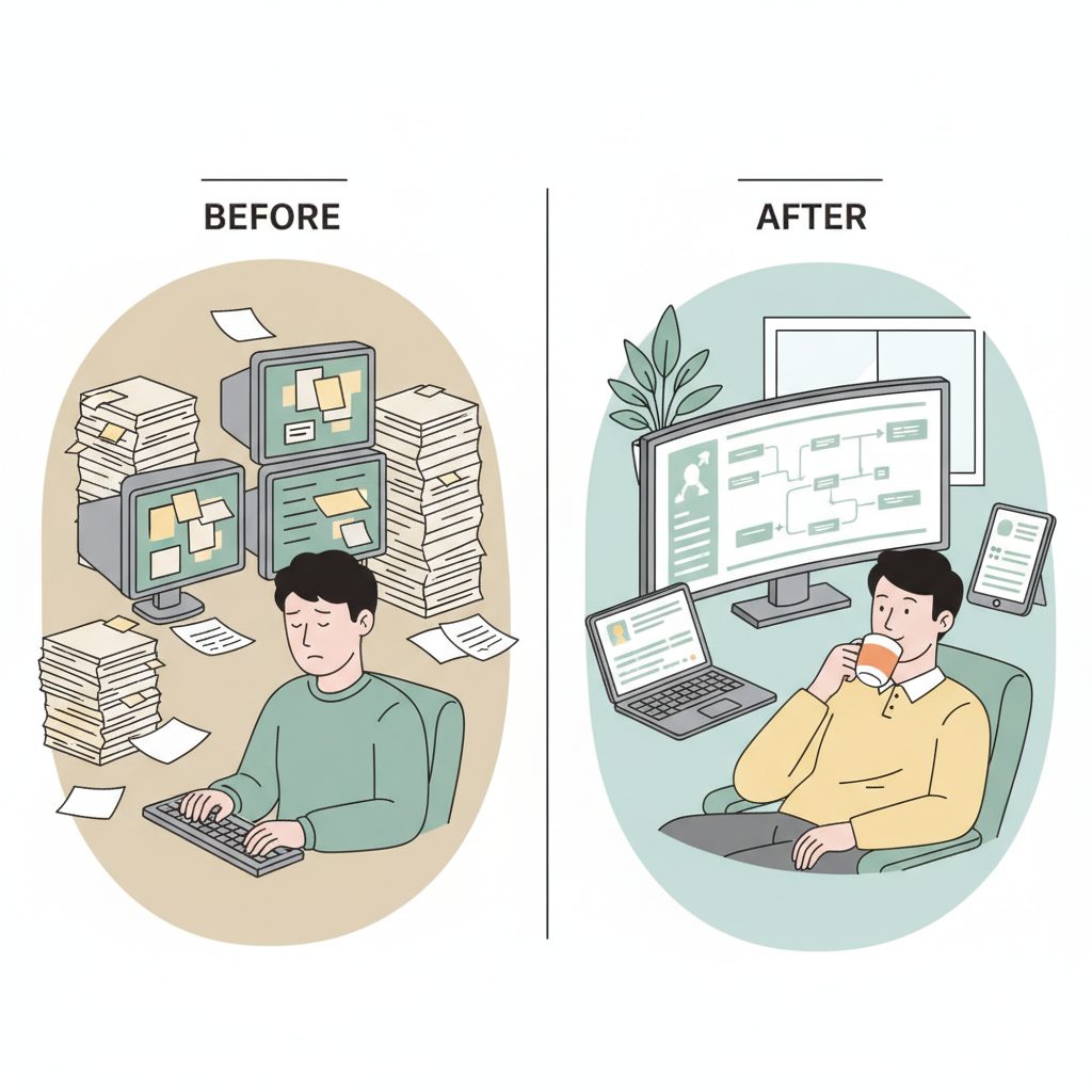 수동 업무의 비효율성(BEFORE)에서 자동화된 효율성(AFTER)으로 전환되는 인포그래픽