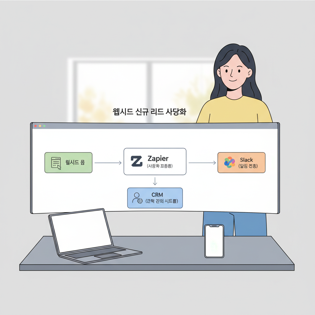 웹사이트 리드에서 CRM 입력 및 슬랙 알림까지의 노코드 자동화 워크플로우 다이어그램