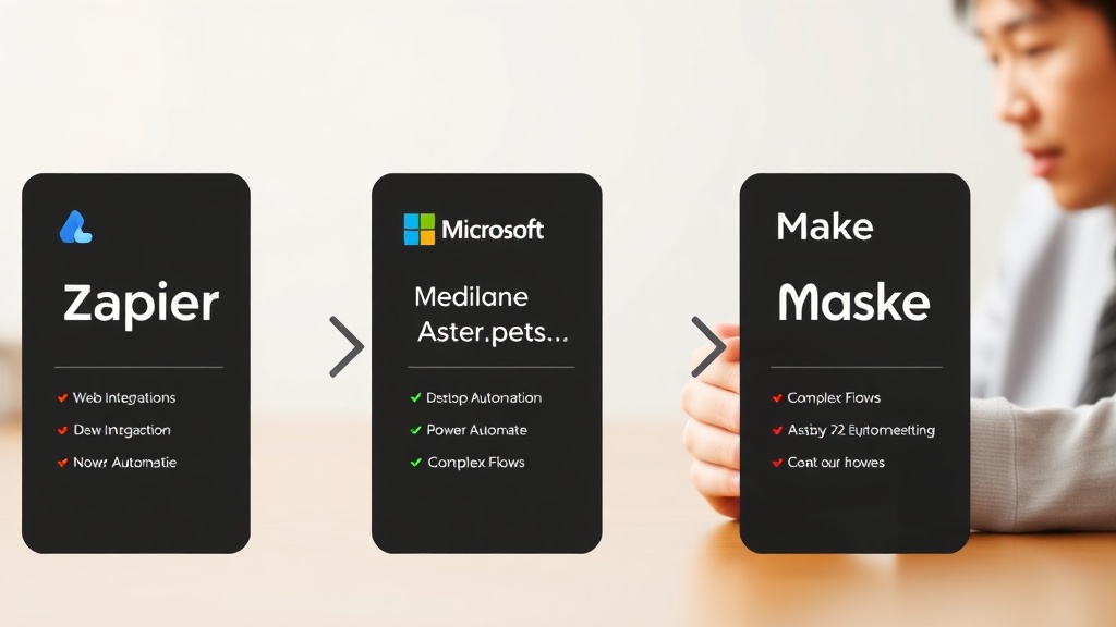 Zapier, Microsoft Power Automate Desktop, Make 툴의 주요 특징과 강점을 시각적으로 비교한 카드형 그래픽