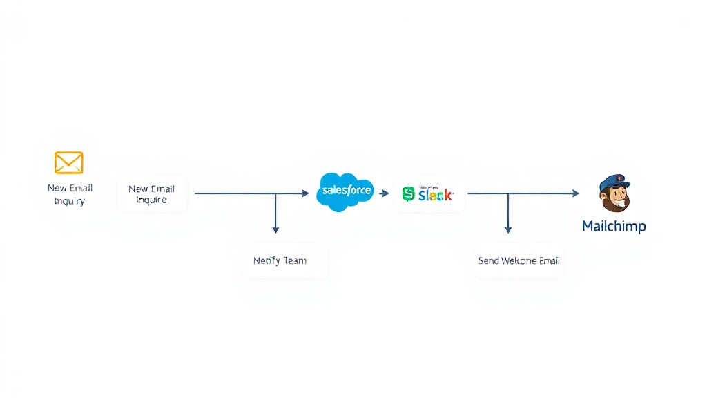 이메일 문의부터 CRM 기록, 팀 알림, 환영 이메일 발송까지 연결되는 다단계 업무 자동화 워크플로우 다이어그램