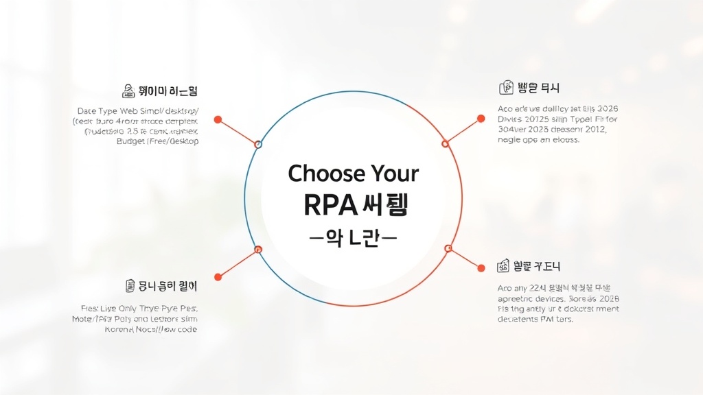 업무 유형, 복잡성, 예산, 기술 숙련도를 기준으로 RPA 툴을 선택하는 과정을 보여주는 의사결정 흐름도