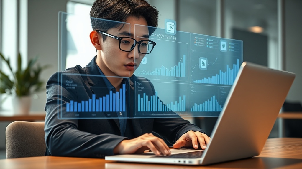 2025년 AI 소셜 미디어 트렌드 분석 대시보드를 보는 한국인 마케터