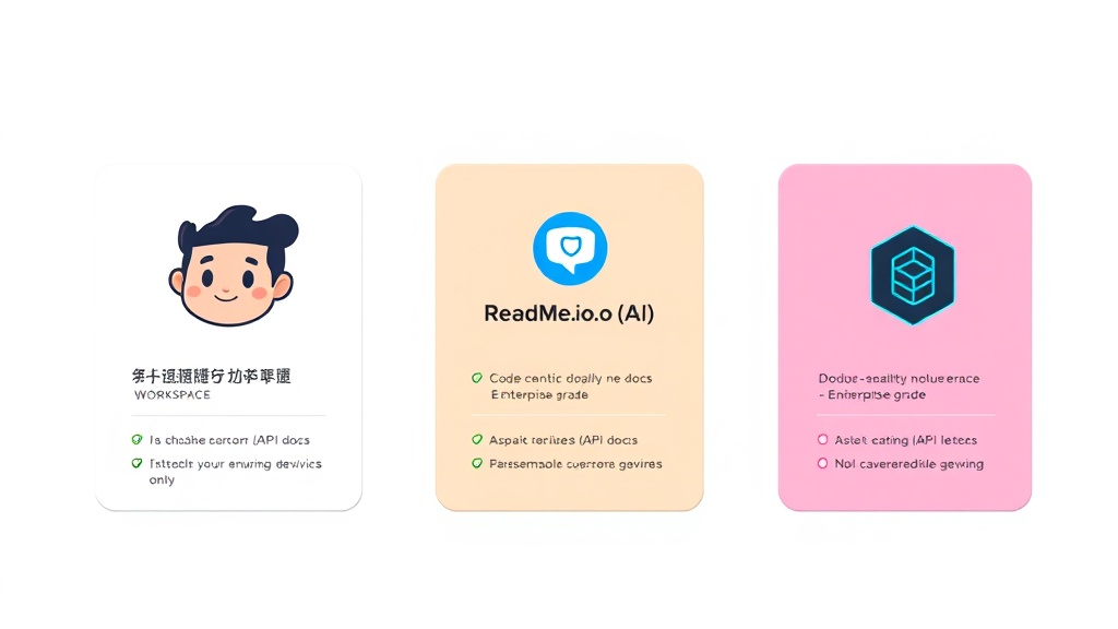 GitHub Copilot Workspace, ReadMe.io, DocuAI Pro 세 가지 AI 기술 문서 툴의 주요 기능을 비교하는 카드 이미지