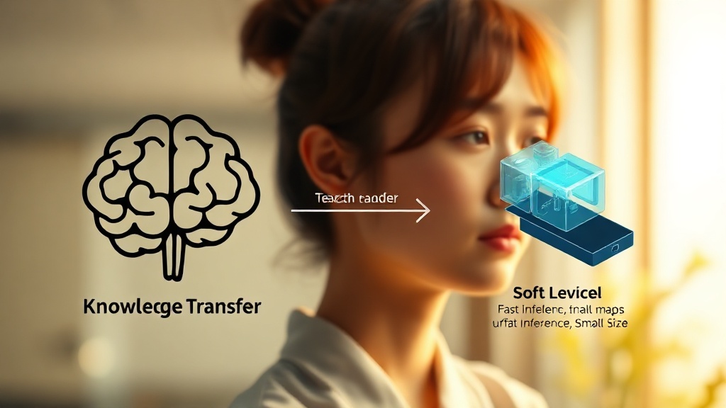지식 증류(Knowledge Distillation) 다이어그램: 큰 선생님 모델에서 작은 학생 모델로 지식 전수