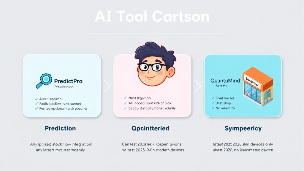 AIworks PredictPro, Optimized StockFlow, QuantuMind SCM Pro 툴 3가지의 주요 특징을 시각적으로 비교한 그래픽