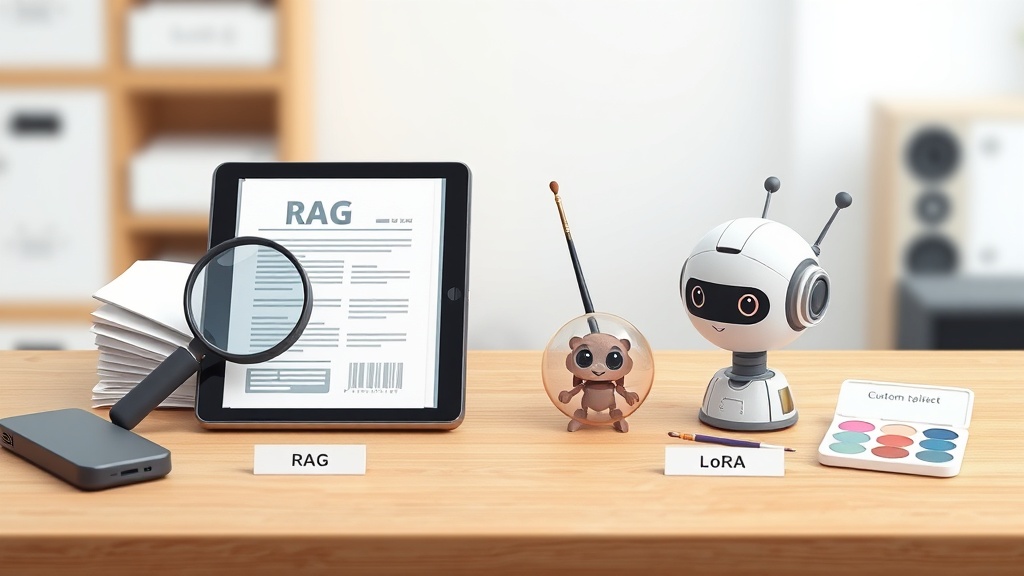 RAG와 LoRA 파인튜닝의 핵심 개념을 상징하는 물체들을 대조적으로 배열한 스틸라이프 이미지
