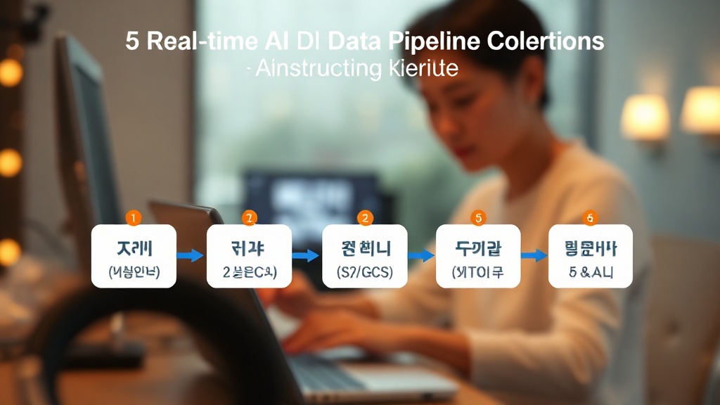 실시간 AI 데이터 파이프라인 구축 5단계 가이드 흐름도: 데이터 수집, 전처리, 저장, 모델 재학습 트리거, 모니터링 및 운영
