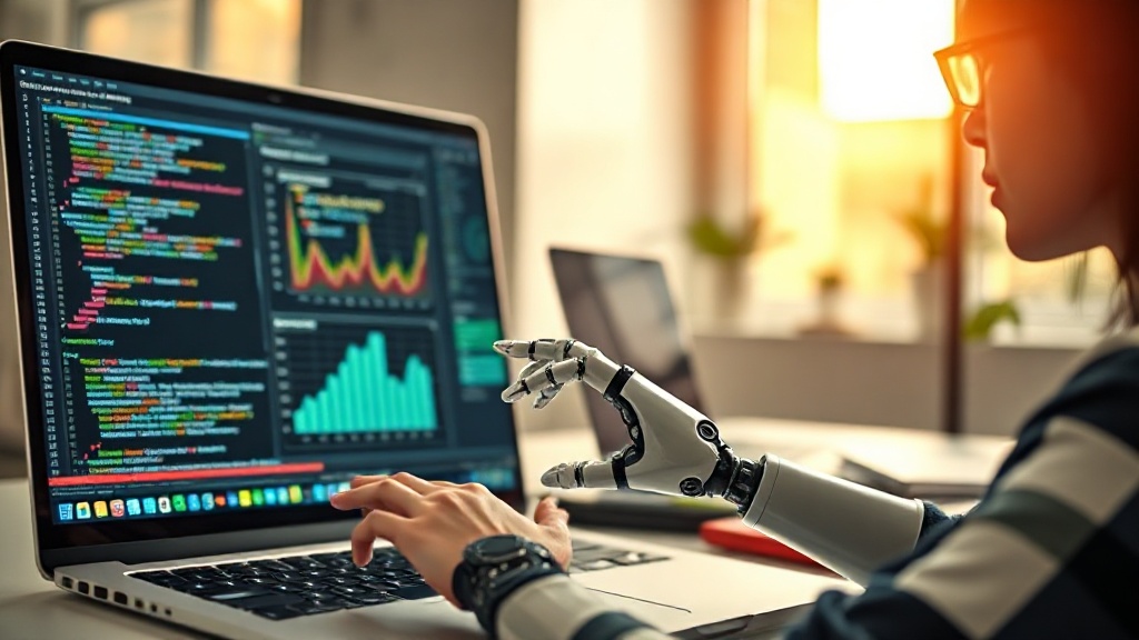 AI 기반 소프트웨어 테스트 자동화의 미래를 나타내는 실사 이미지. 한국인 소프트웨어 엔지니어가 AI 로봇 팔과 함께 테스트 결과를 모니터링하는 모습.