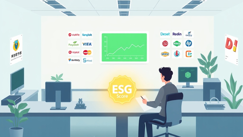 AI와 ESG 스코어를 시각적으로 표현한 깨끗한 대시보드 화면 일러스트