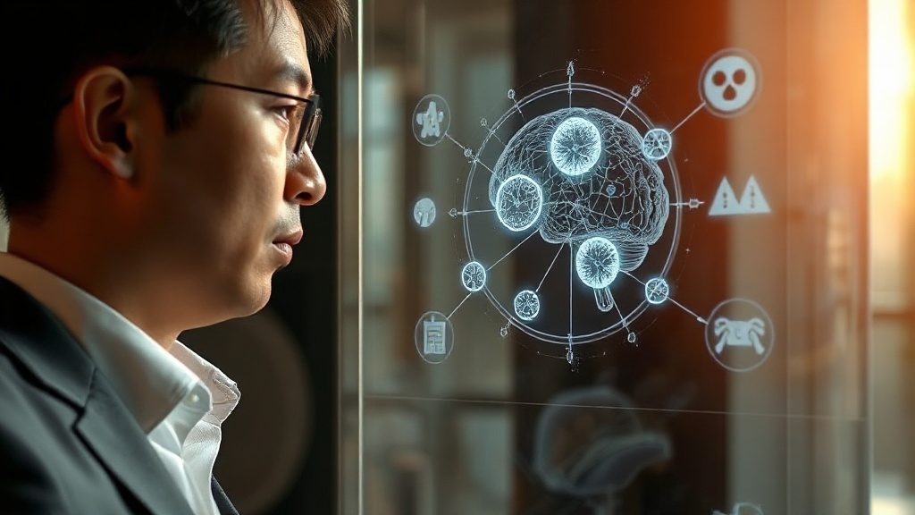 AI 모델을 적대적 공격으로부터 보호하는 홀로그램 방패를 응시하는 한국인 전문가의 모습
